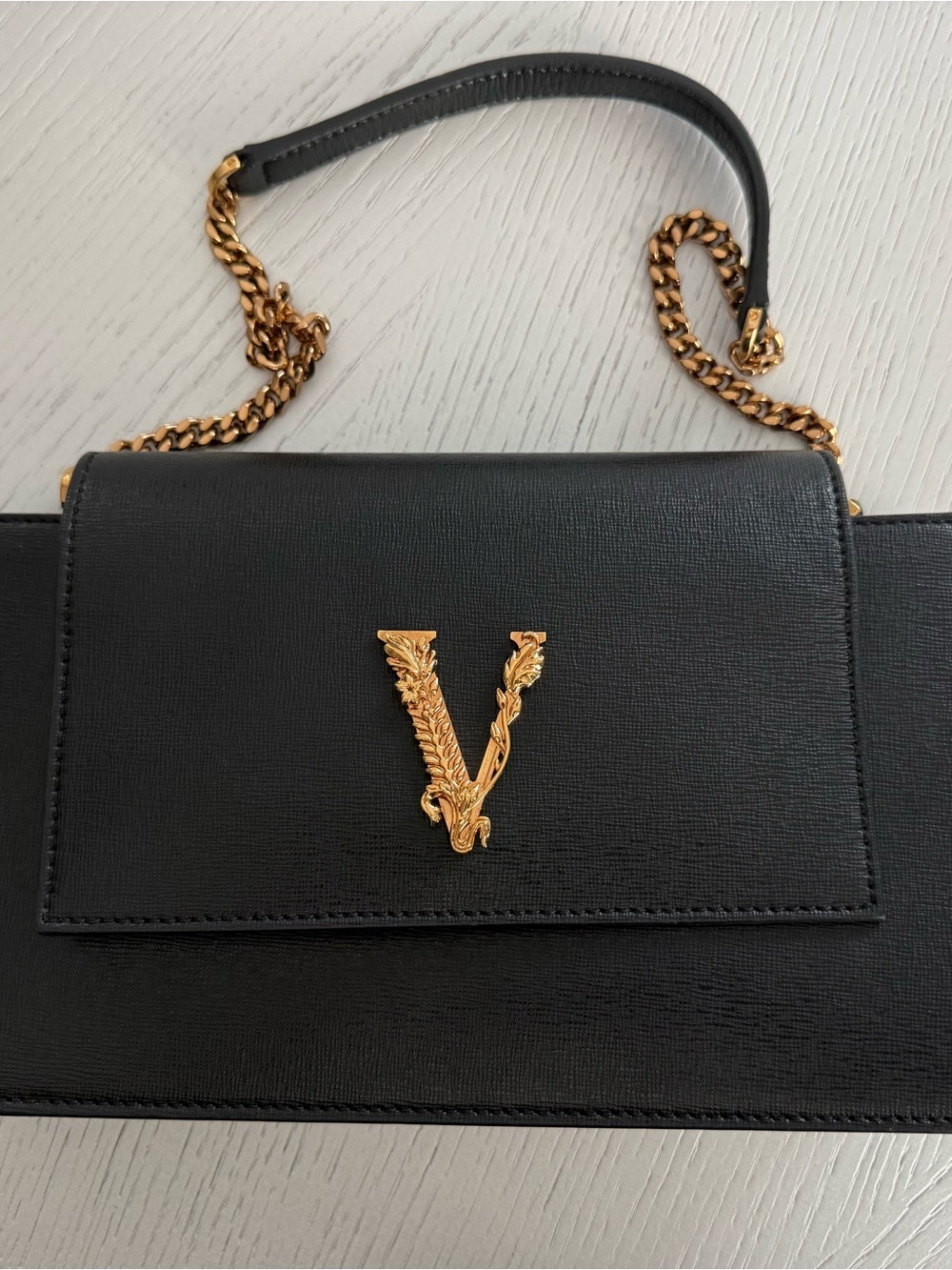 Versace Black Shoulder Bag with Gold 'V' Accent and Chain Strap